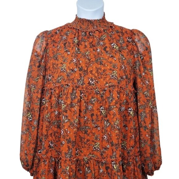 Forever 21 Womens Rust Dot Floral Print Chiffon Tiered Mini Dress Size M NWT - Picture 2 of 8
